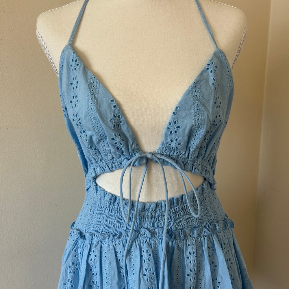 Mable Light Blue Eyelet Tiered Cutout Boho Festival Mini Dress S - Picture 9 of 11